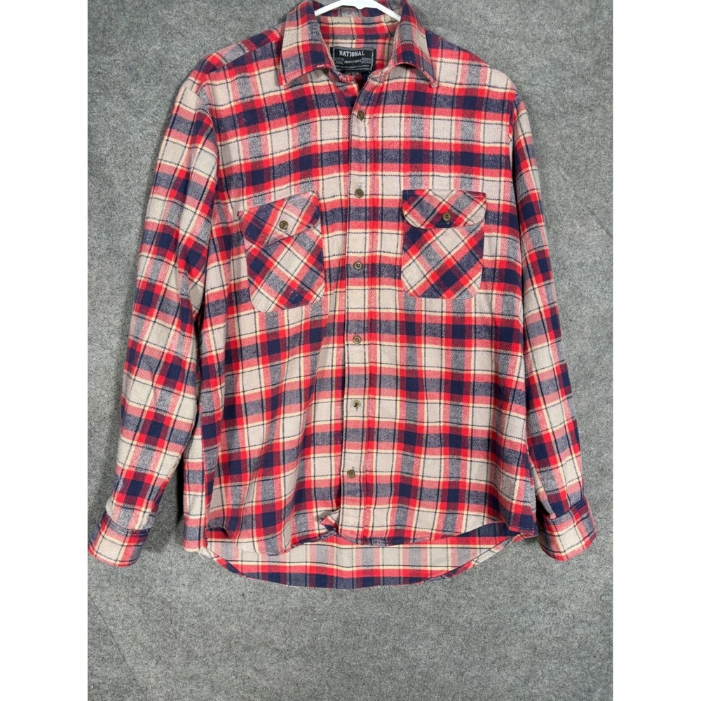 National Outfitters Mens Large Plaid Flannel‎ Shirt Red Blue Cotton Button Down